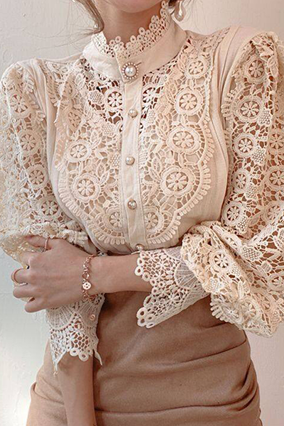 Patchwork Lace Hollowed Out Buckle Mandarin Collar Blouses(3 Colors)