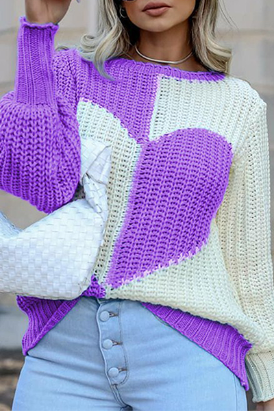 Patchwork Contrast O Neck Tops Sweater