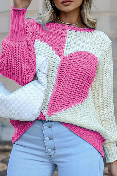 Patchwork Contrast O Neck Tops Sweater