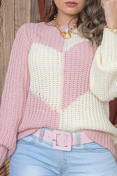 Patchwork Contrast O Neck Tops Sweater