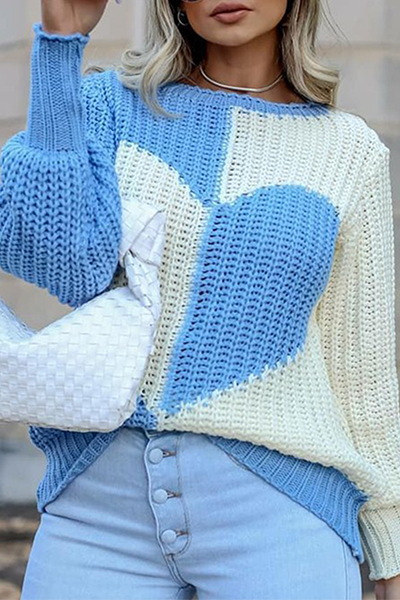 Patchwork Contrast O Neck Tops Sweater