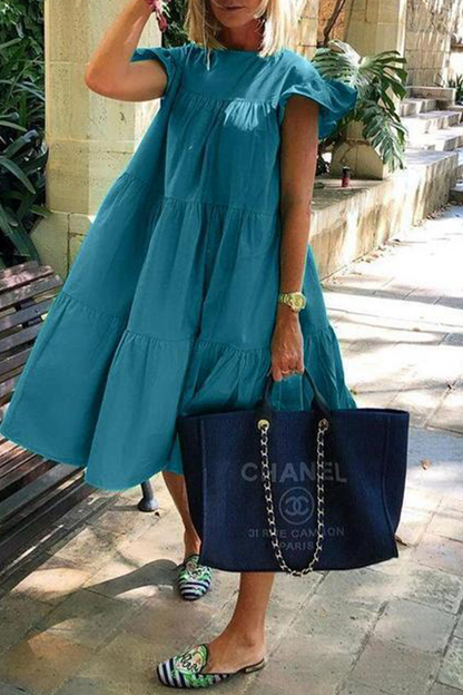 Flounce O Neck Cake Skirt Dresses(6 Colors)