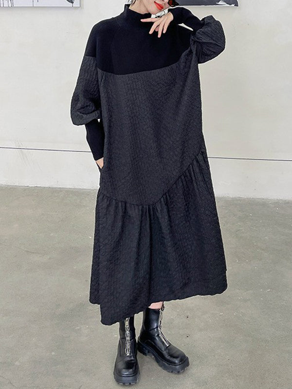 A-line Long Sleeves Asymmetric Color Split-joint High-neck Midi Dresses Sweater Dresses