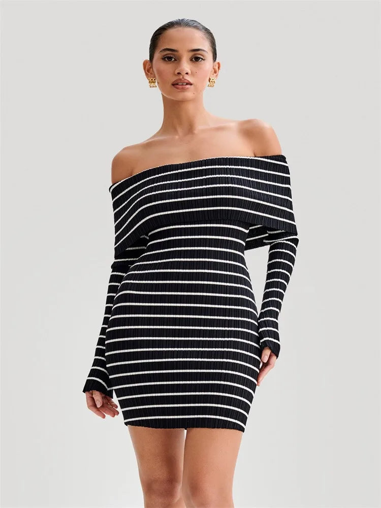 Striped Knit Sweater Mini Dress for Bandeau Backless Summer Contrast Party Dress Knitwear Mini Dress