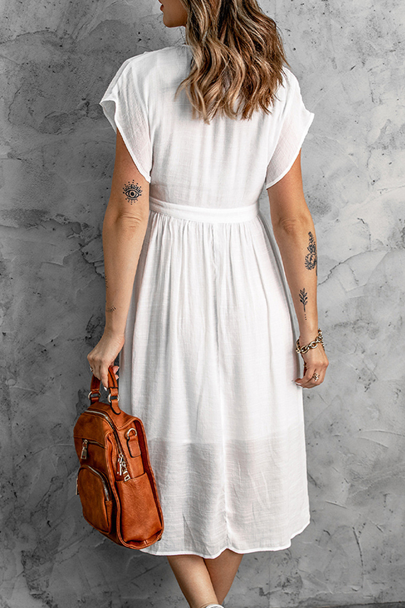 Buckle V Neck Waist Skirt Dresses(7 Colors)