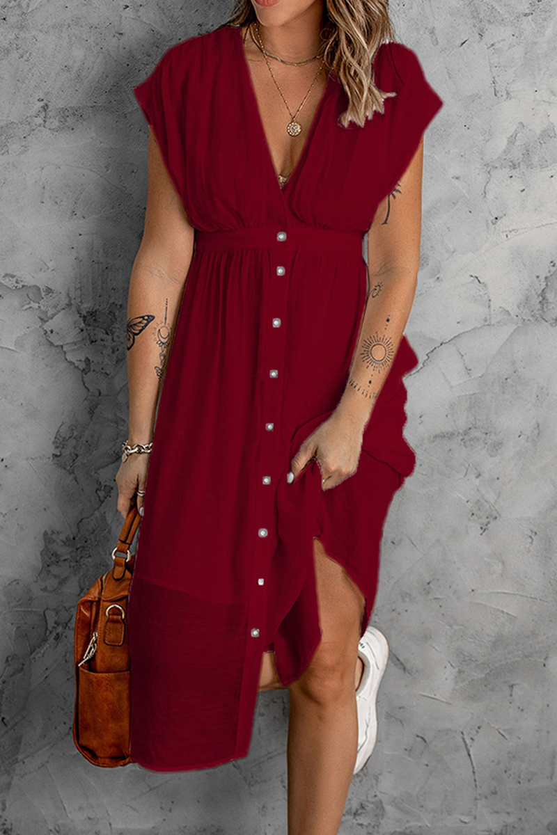 Buckle V Neck Waist Skirt Dresses(7 Colors)