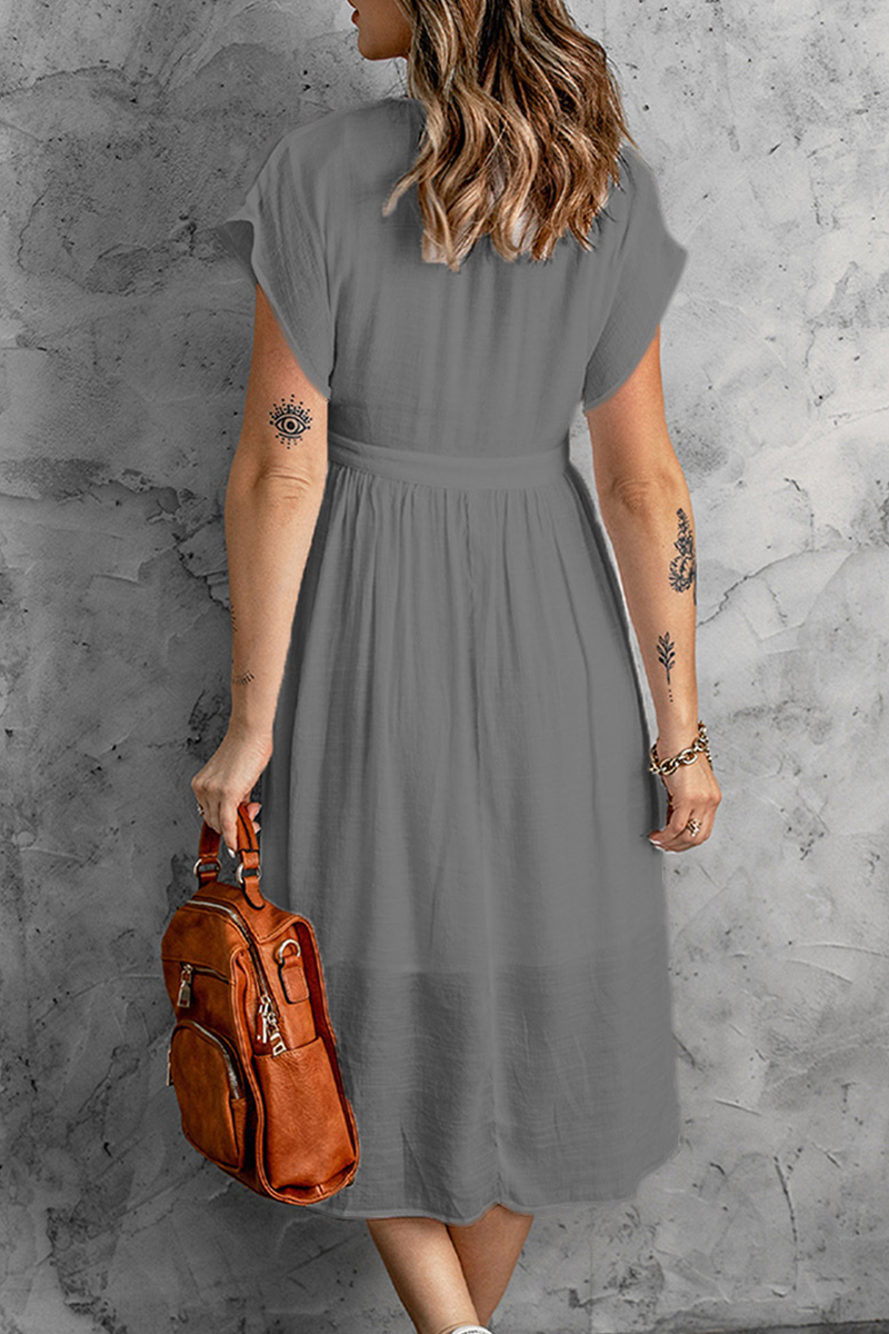 Buckle V Neck Waist Skirt Dresses(7 Colors)