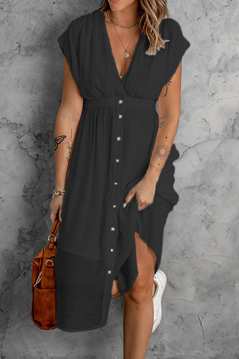 Buckle V Neck Waist Skirt Dresses(7 Colors)