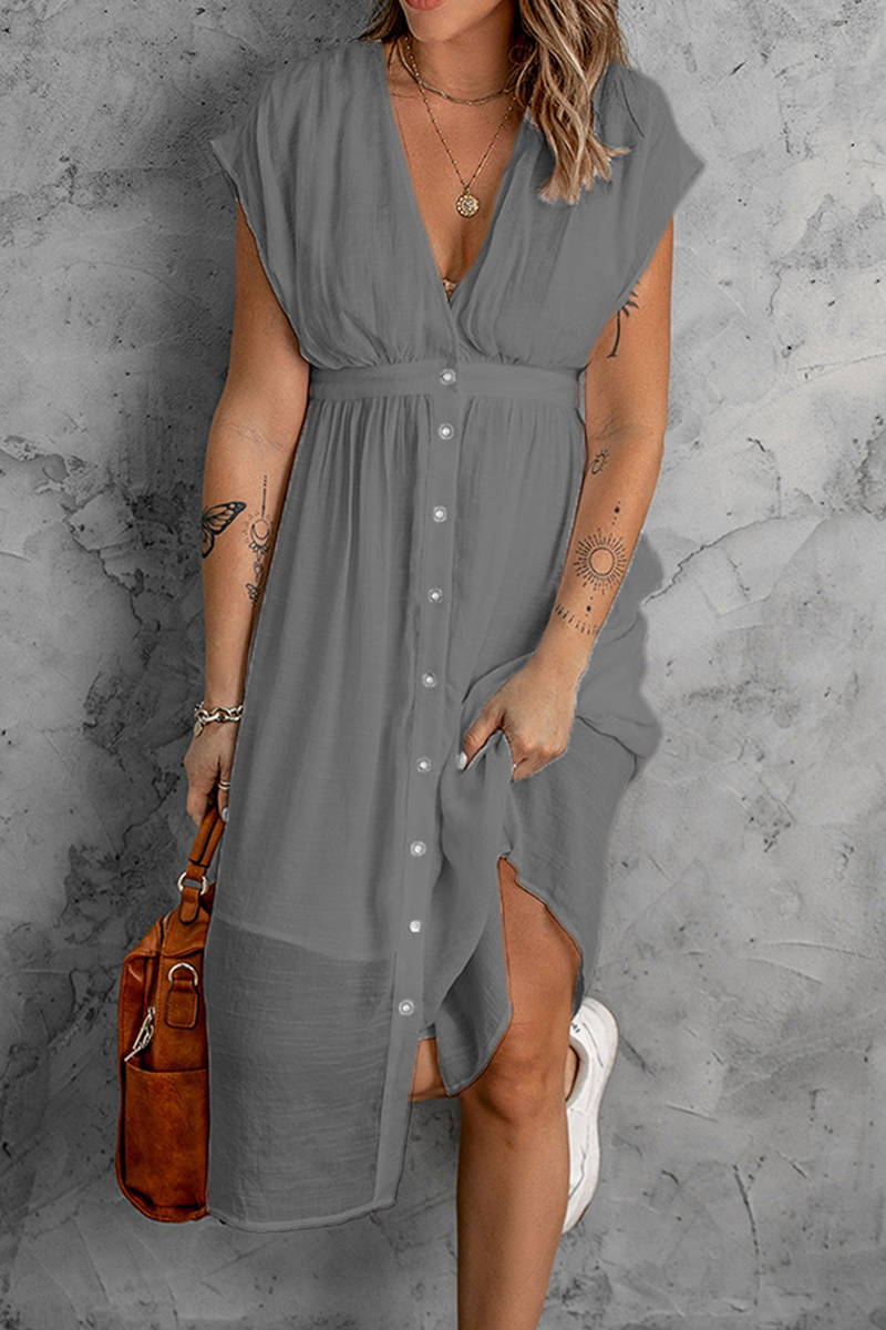Buckle V Neck Waist Skirt Dresses(7 Colors)