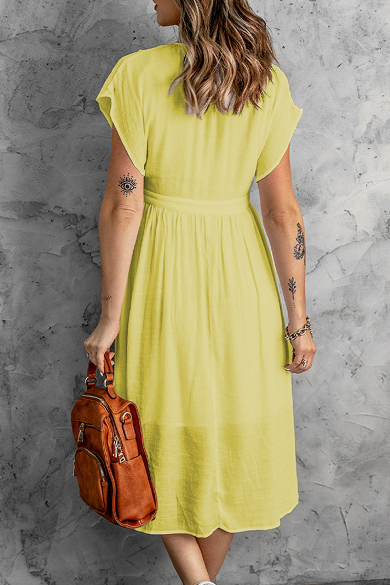 Buckle V Neck Waist Skirt Dresses(7 Colors)