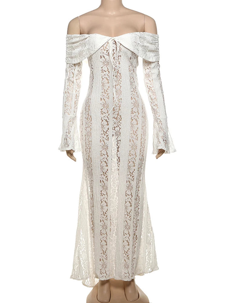 Autumn Lace Off-shoulder Long Dress for See-through Printed Lace-up High Waist Female Party Dress New