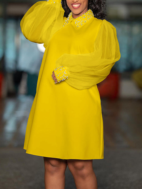Puff Sleeves Beads Mesh Color Split-joint Round-neck Midi Dresses