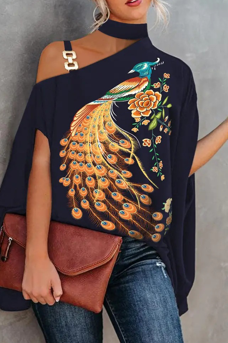 Print Patchwork One Shoulder Blouses(5 Colors)