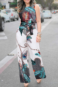 Print Patchwork O Neck Straight Jumpsuits