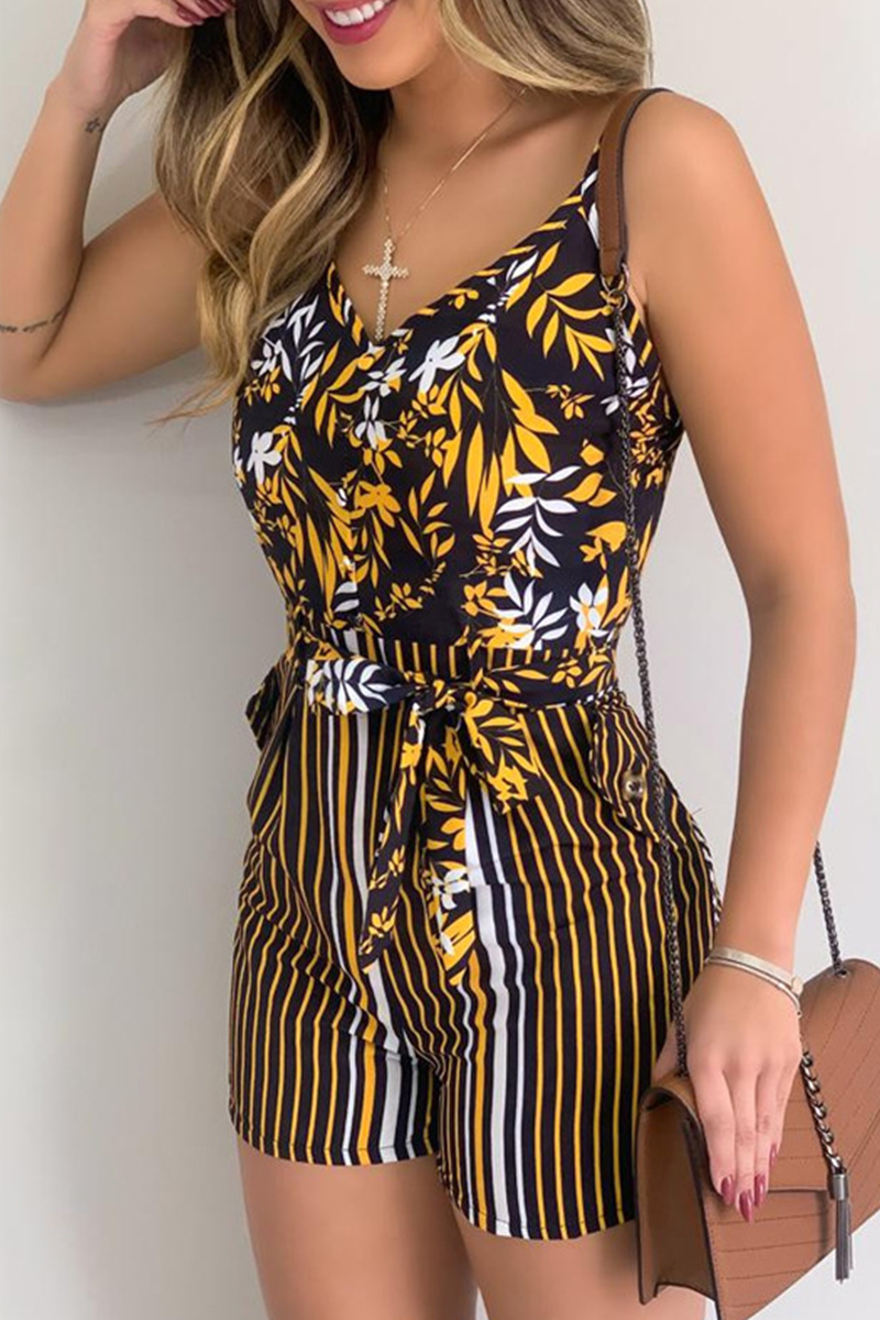 Print Patchwork Spaghetti Strap Straight Jumpsuits(6 Colors)