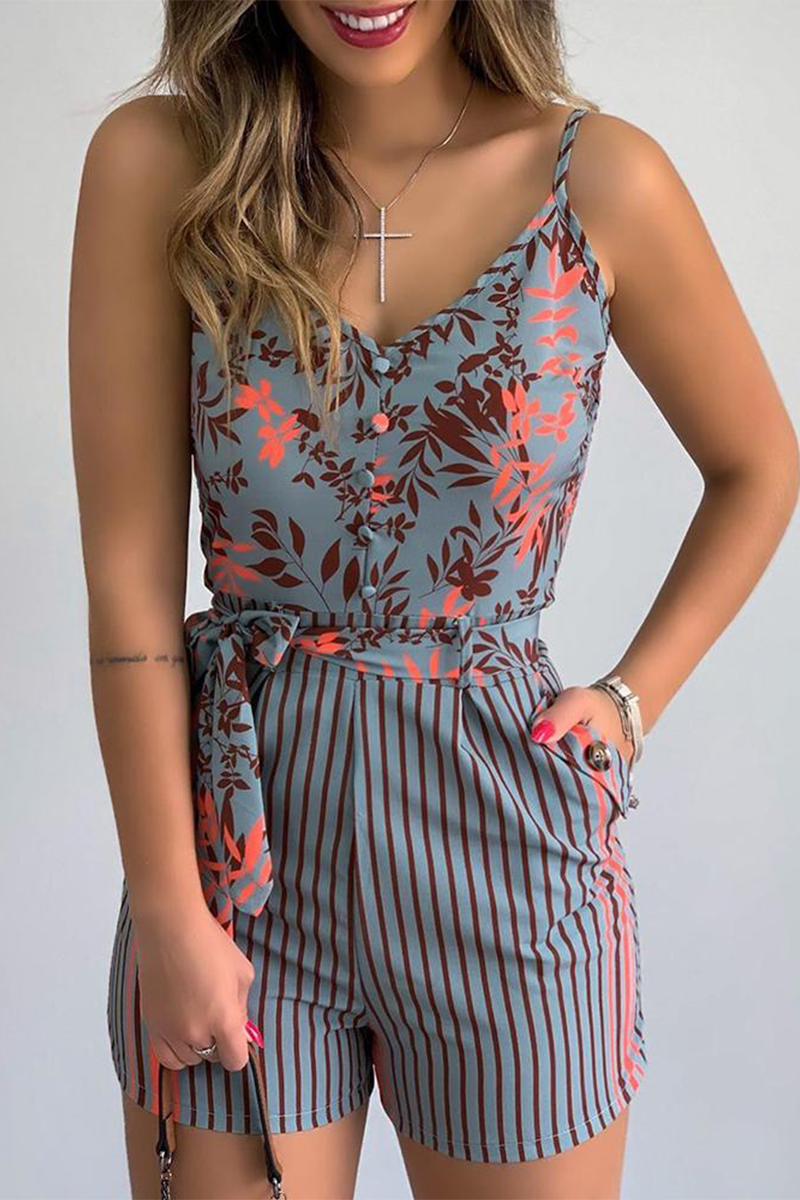 Print Patchwork Spaghetti Strap Straight Jumpsuits(6 Colors)