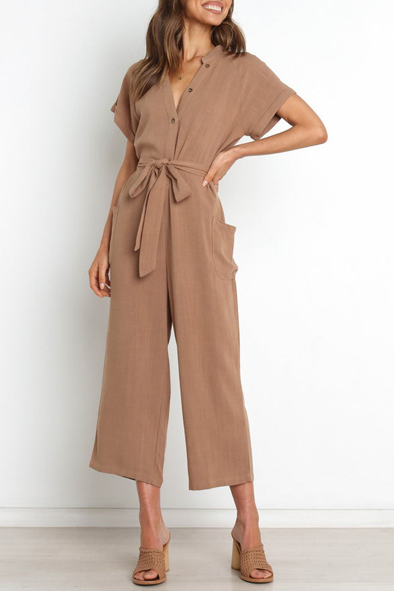 Bandage V Neck Straight Jumpsuits(3 Colors)