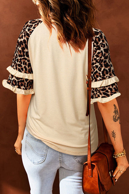 Print Leopard Patchwork O Neck T-shirts(5 Colors)