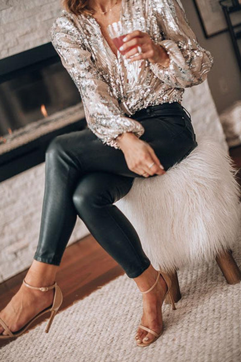 Patchwork Fold Sequins V Neck Blouses