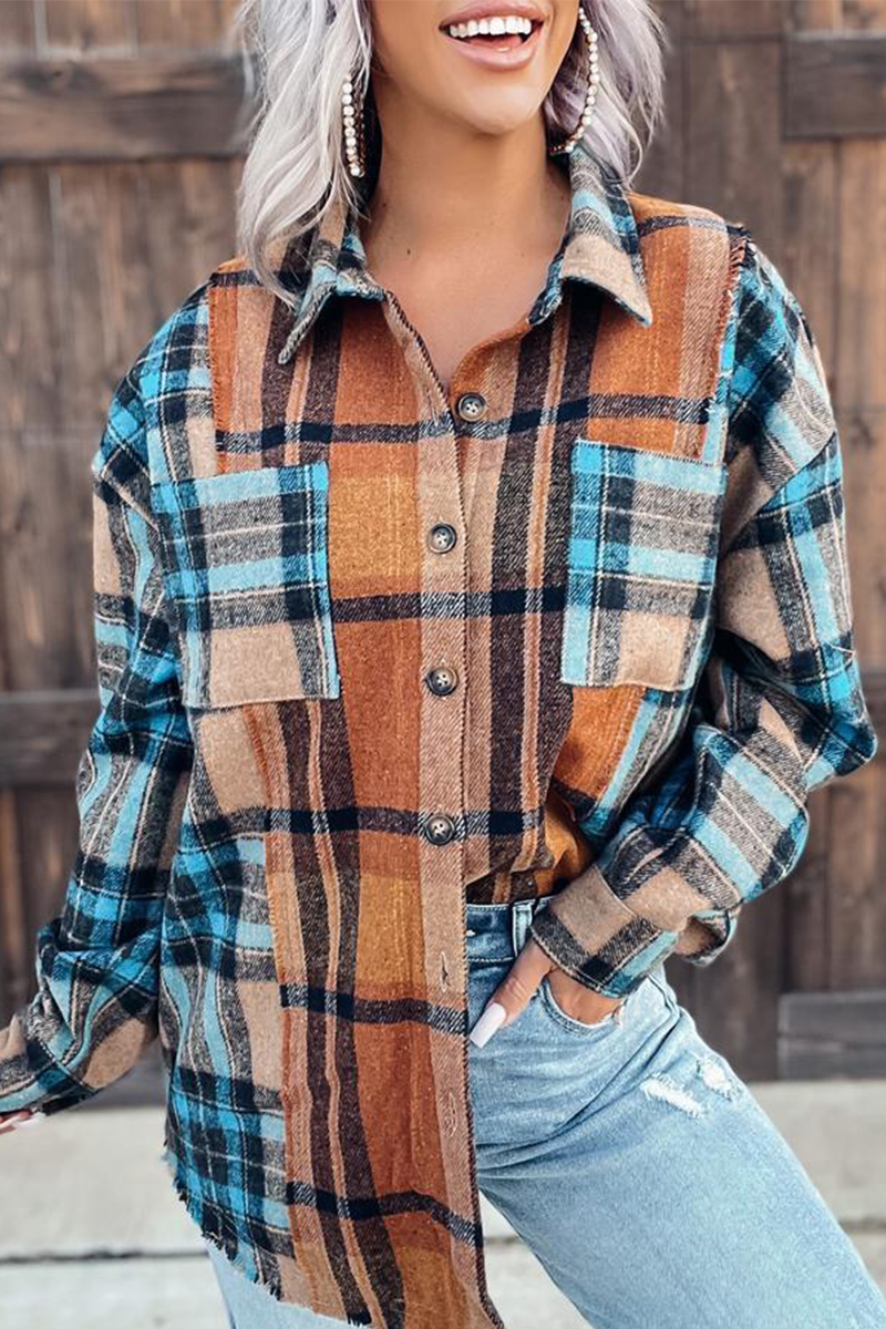 Plaid Patchwork Turndown Collar Blouses