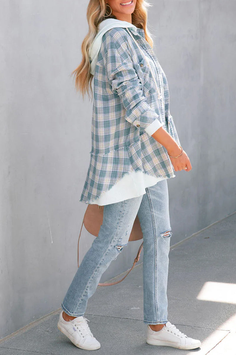 Plaid Striped Patchwork Hooded Collar Blouses