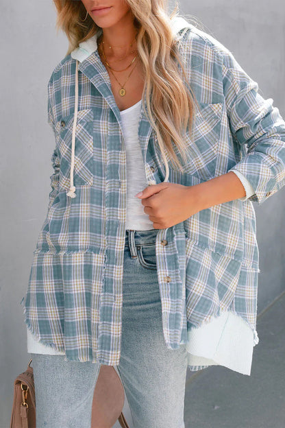 Plaid Striped Patchwork Hooded Collar Blouses