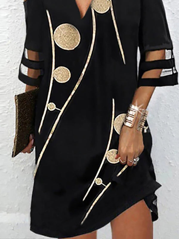 Half Sleeves Loose Hollow Mesh Polka-dot Printed Split-joint Cold Shoulder Mini Dresses