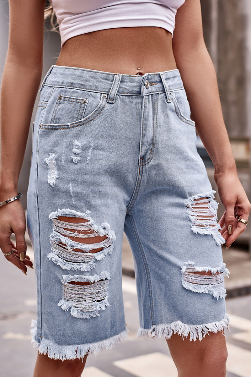 Street Ripped Make Old Mid Waist Denim Shorts