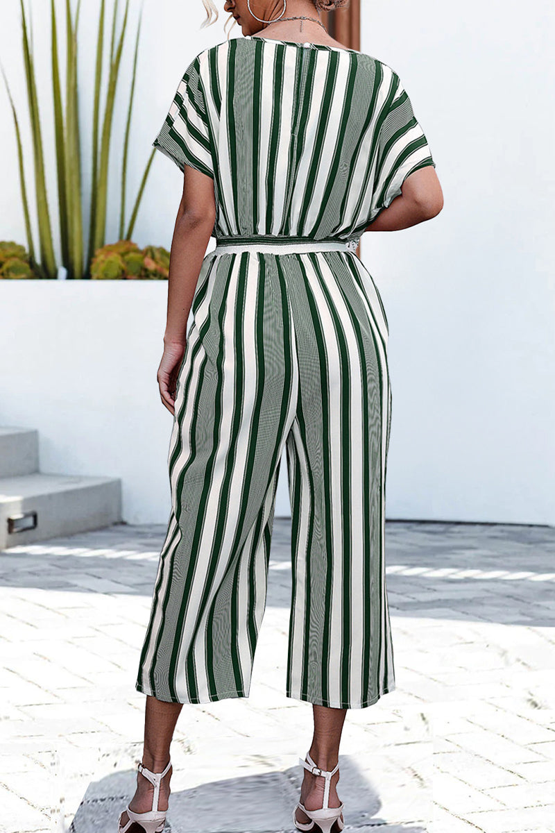 Striped Contrast V Neck Loose Jumpsuits