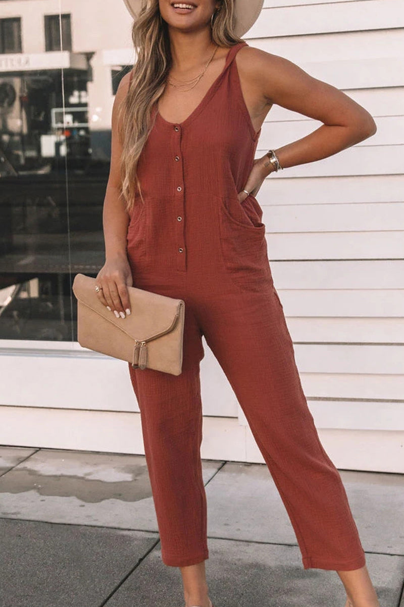 Pocket Buttons V Neck Loose Jumpsuits