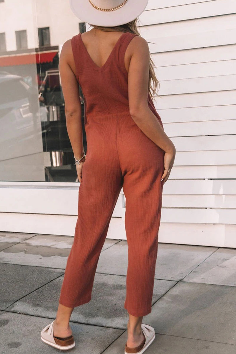 Pocket Buttons V Neck Loose Jumpsuits
