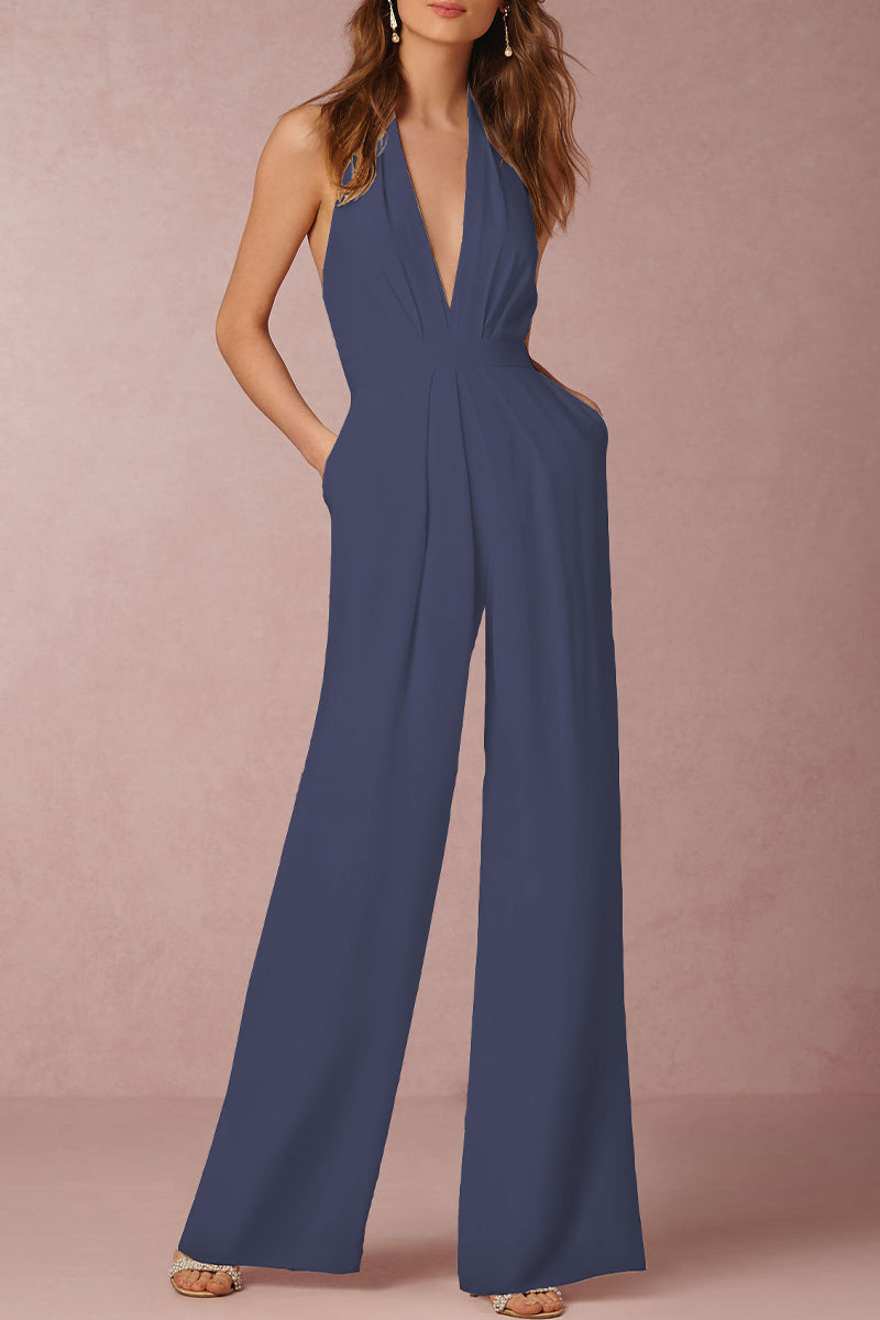 Backless Fold V Neck Regular Jumpsuits(12 Colors)