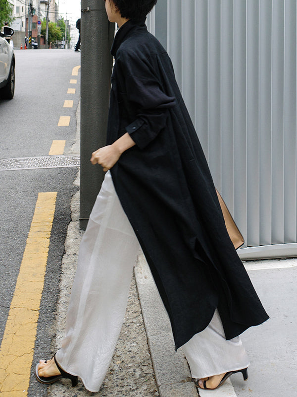 Simple Long Sleeves Split-side Color Lapel Midi Dresses Shirt Dress