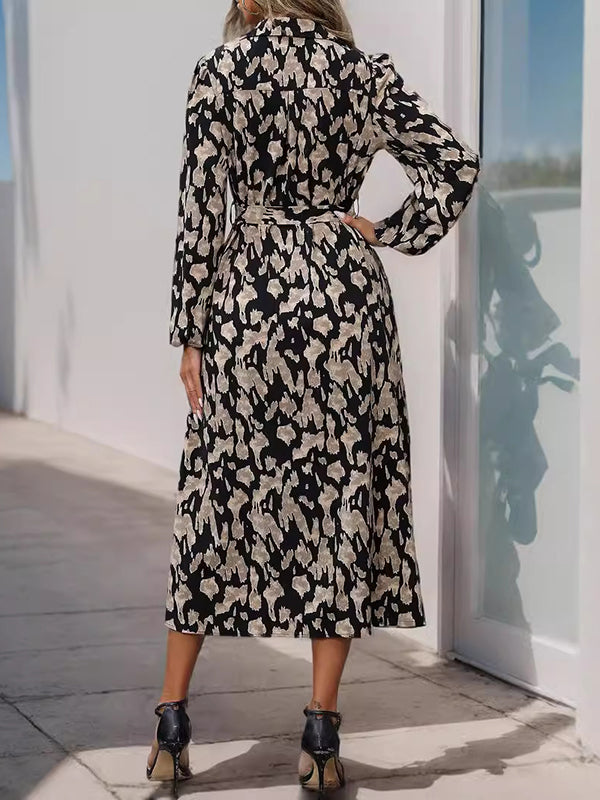 Long Sleeves Loose Printed Split-joint Tied Waist Lapel Midi Dresses Shirt Dress