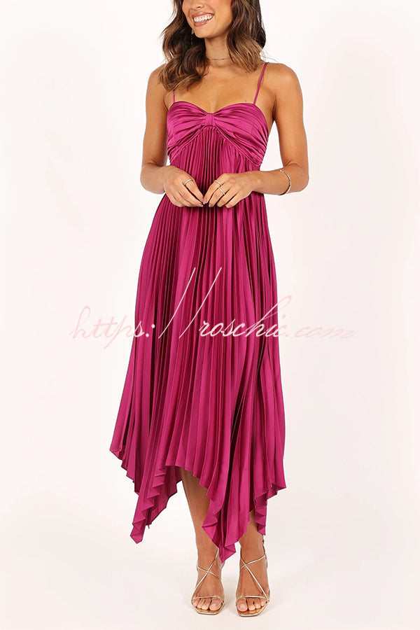 Color Suspender Pleated Irregular Midi Dress