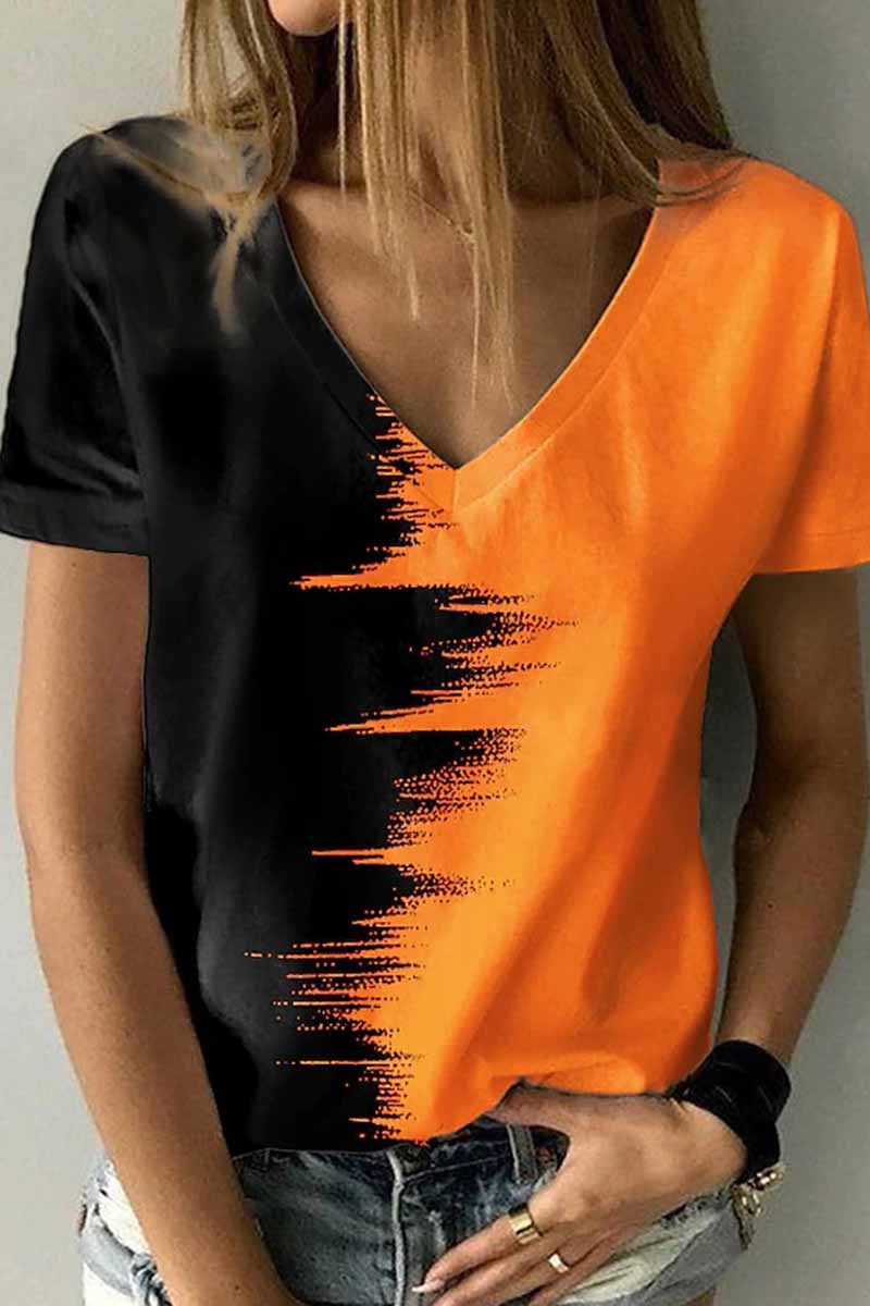 Street Print Patchwork V Neck T-shirts