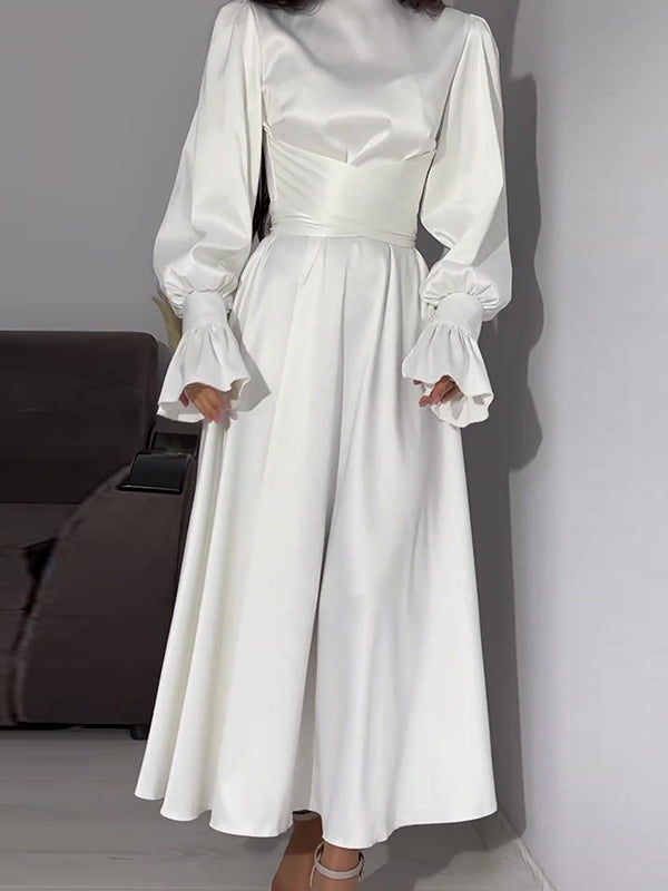 A-line Long Sleeves Pleated Color Tied Waist Zipper Mock Neck Maxi Dresses