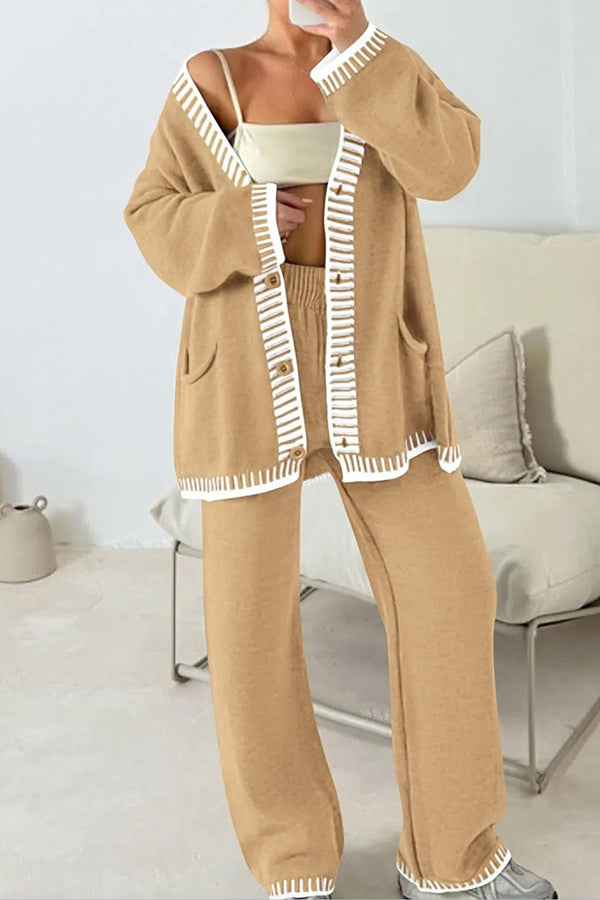 Knitted Long Sleeve Pocket Cardigan and Elastic Waist Loose Wide Leg Pants Set