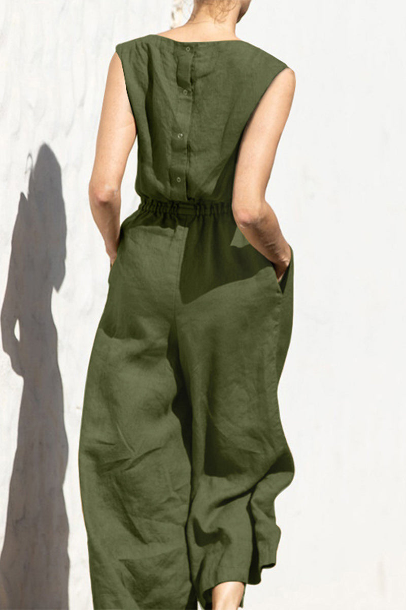 Simplicity Pocket O Neck Loose Jumpsuits