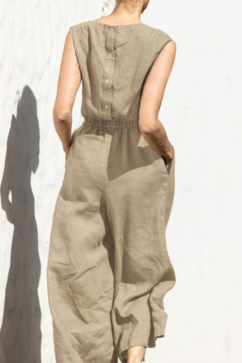 Simplicity Pocket O Neck Loose Jumpsuits