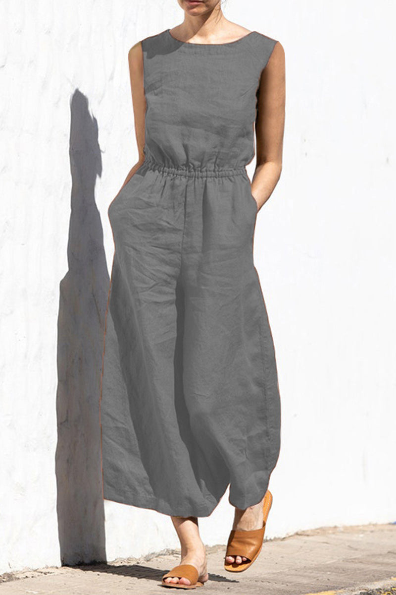 Simplicity Pocket O Neck Loose Jumpsuits