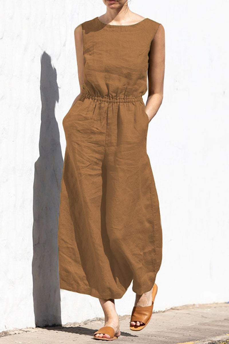 Simplicity Pocket O Neck Loose Jumpsuits