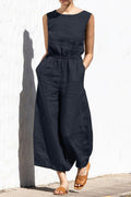 Simplicity Pocket O Neck Loose Jumpsuits