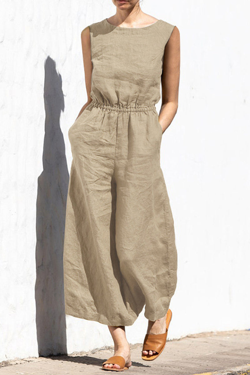 Simplicity Pocket O Neck Loose Jumpsuits