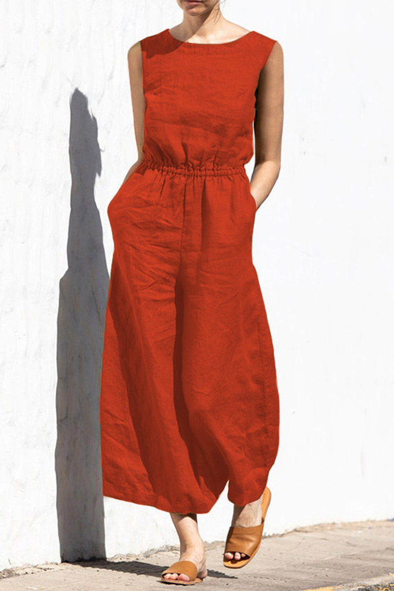 Simplicity Pocket O Neck Loose Jumpsuits