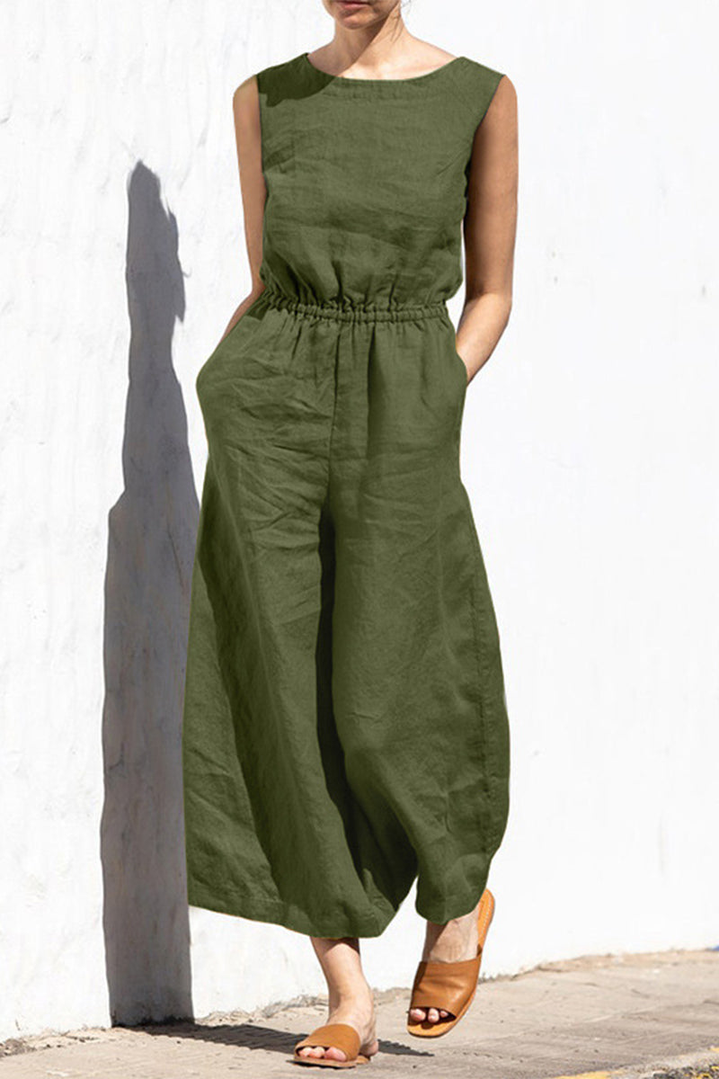 Simplicity Pocket O Neck Loose Jumpsuits