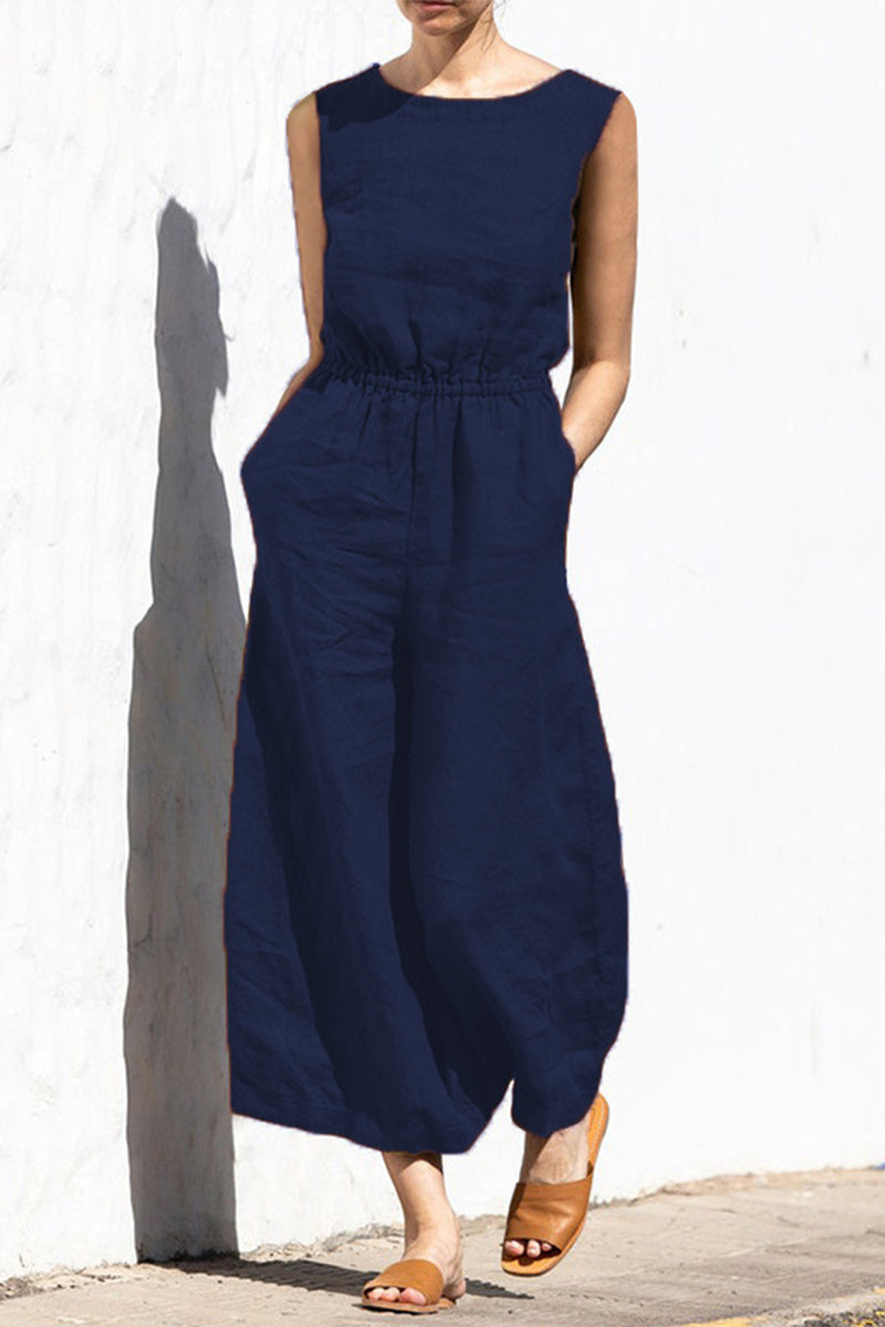 Simplicity Pocket O Neck Loose Jumpsuits