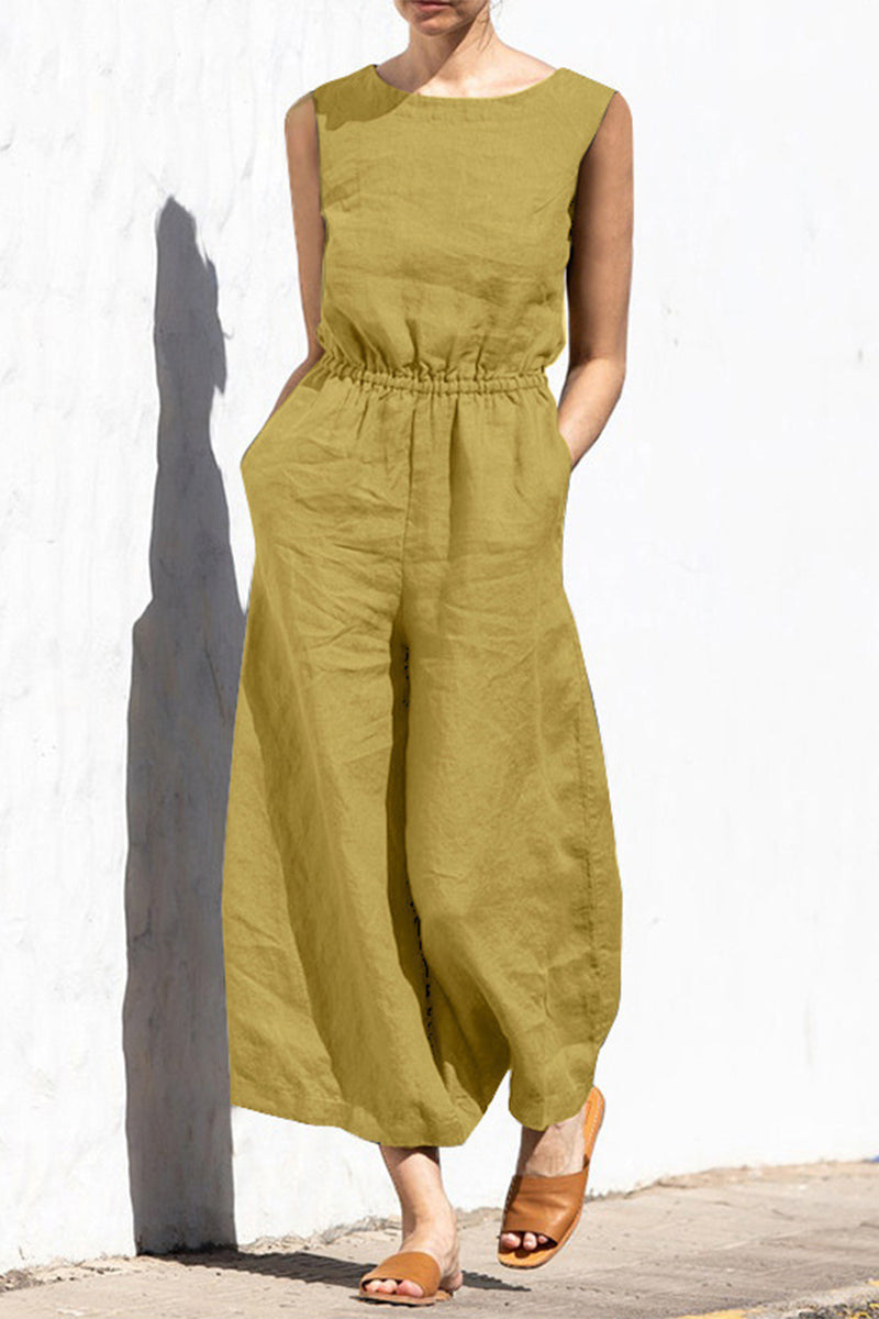 Simplicity Pocket O Neck Loose Jumpsuits