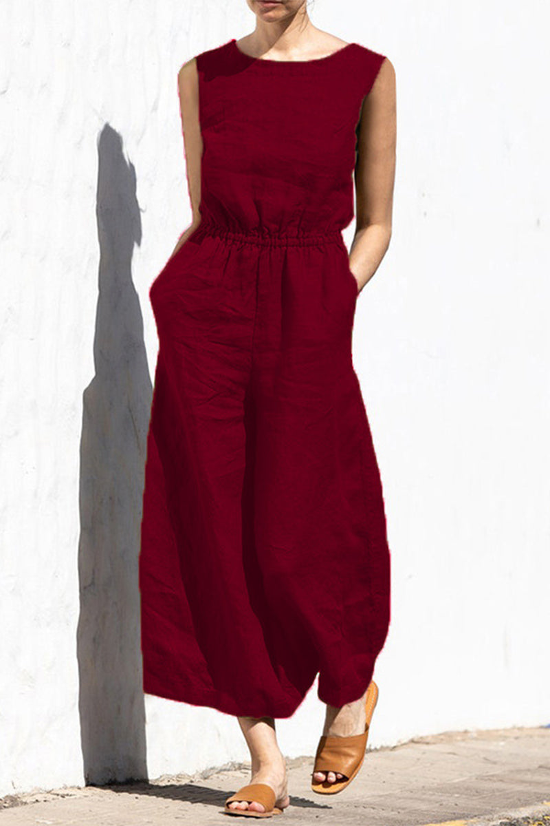 Simplicity Pocket O Neck Loose Jumpsuits