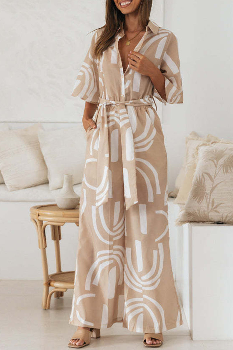 Geometric Print Frenulum Turndown Collar Loose Jumpsuits